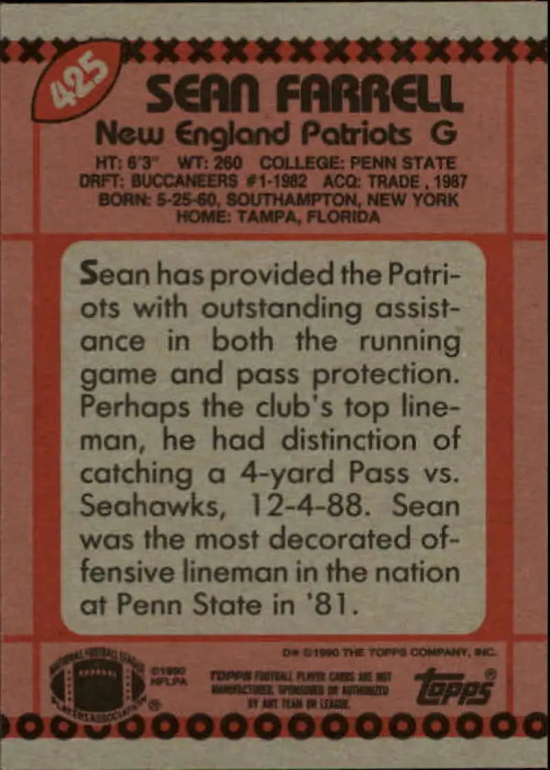 1990 Topps #425 Sean Farrell EX Excellent New England Patriots Football Card - Football Card Single
