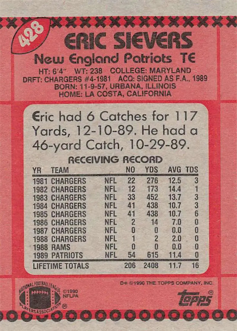 1990 Topps #428 Eric Sievers EX Excellent RC Rookie New England Patriots Football Card - Football Card Single