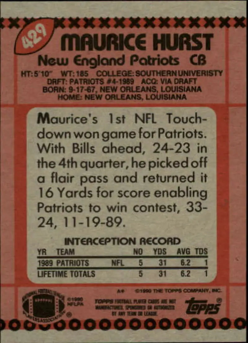 1990 Topps #429 Maurice Hurst EX Excellent RC Rookie New England Patriots Football Card - Football Card Single