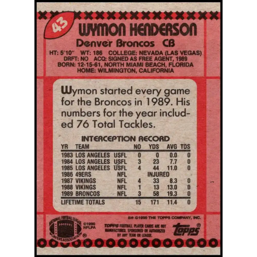 1990 Topps #43 Wymon Henderson EX Excellent RC Rookie Denver Broncos Football Card - Football Card Single