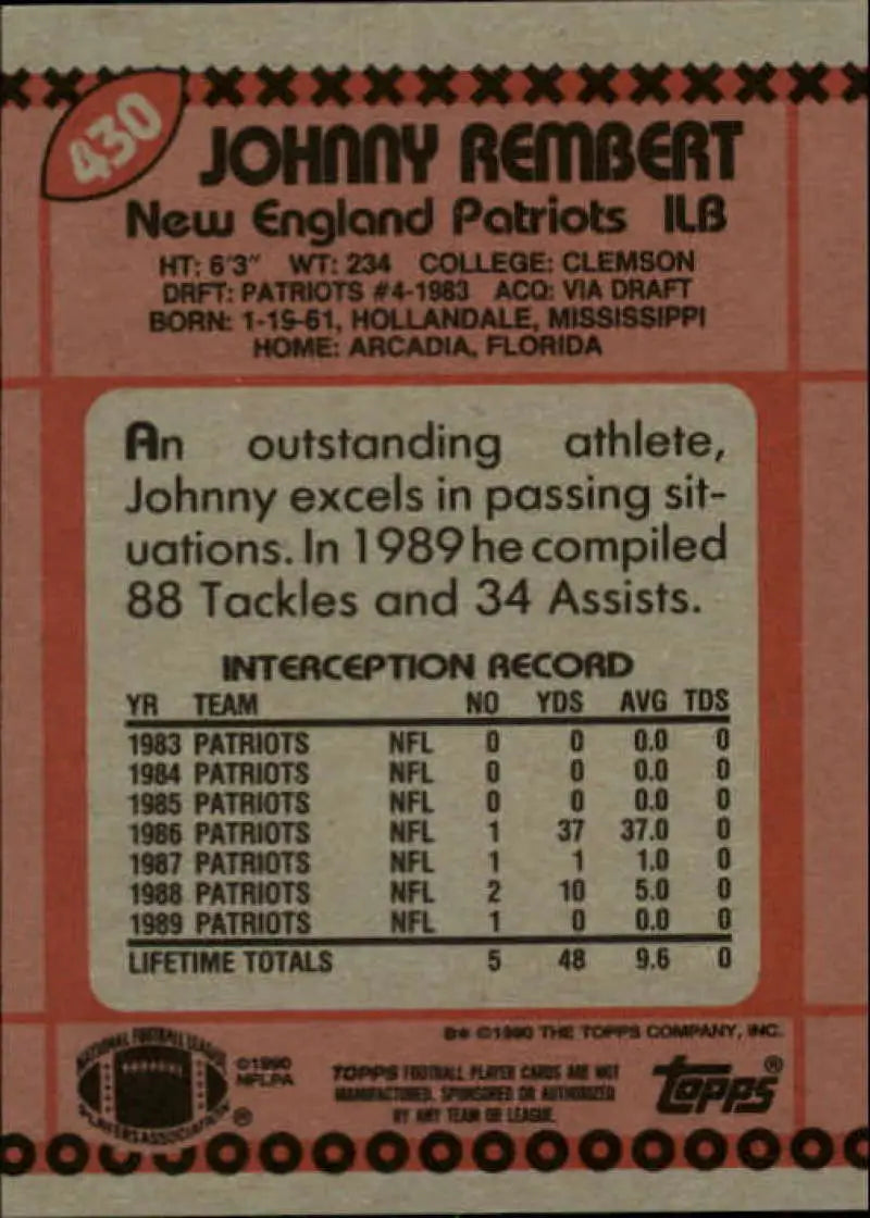 1990 Topps #430 Johnny Rembert EX Excellent New England Patriots Football Card - Football Card Single