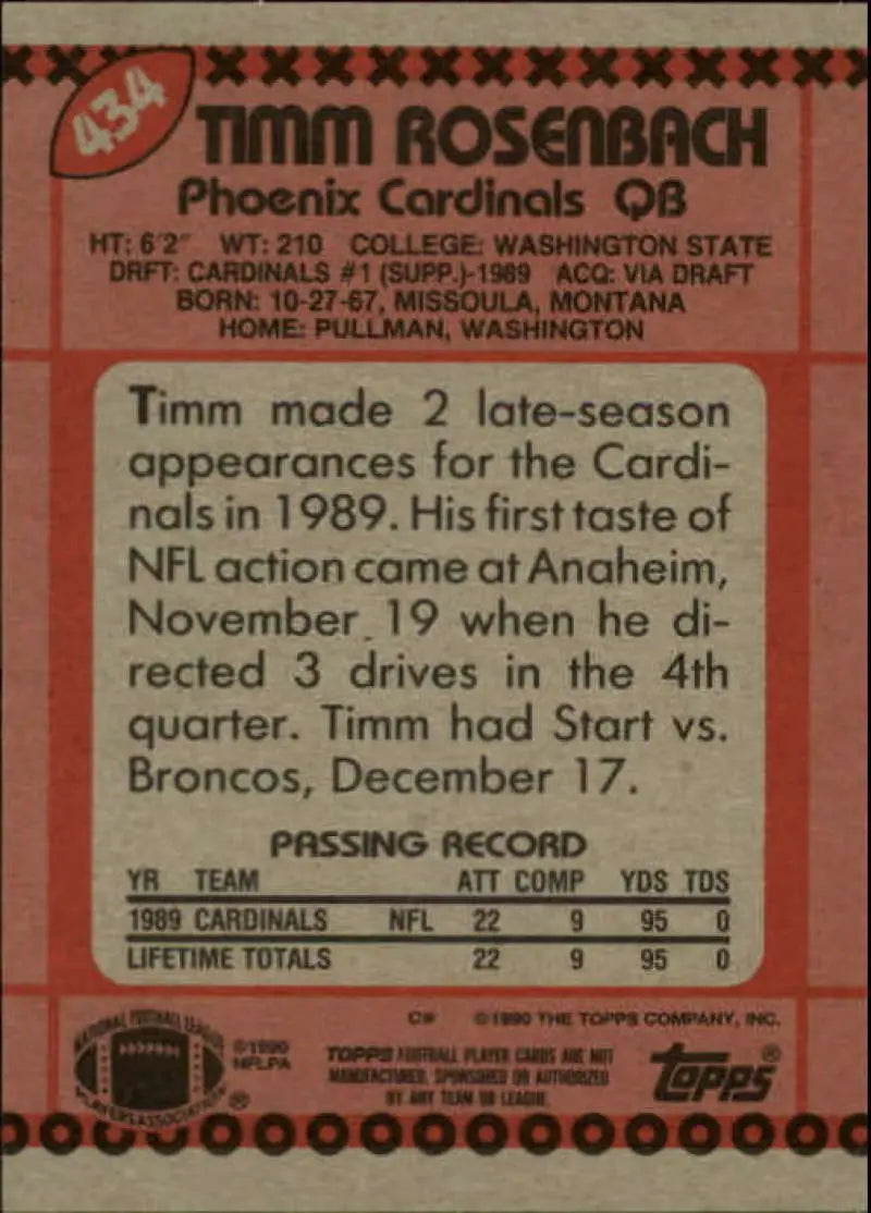 1990 Topps #434 Timm Rosenbach EX Excellent Phoenix Cardinals Football Card - Football Card Single