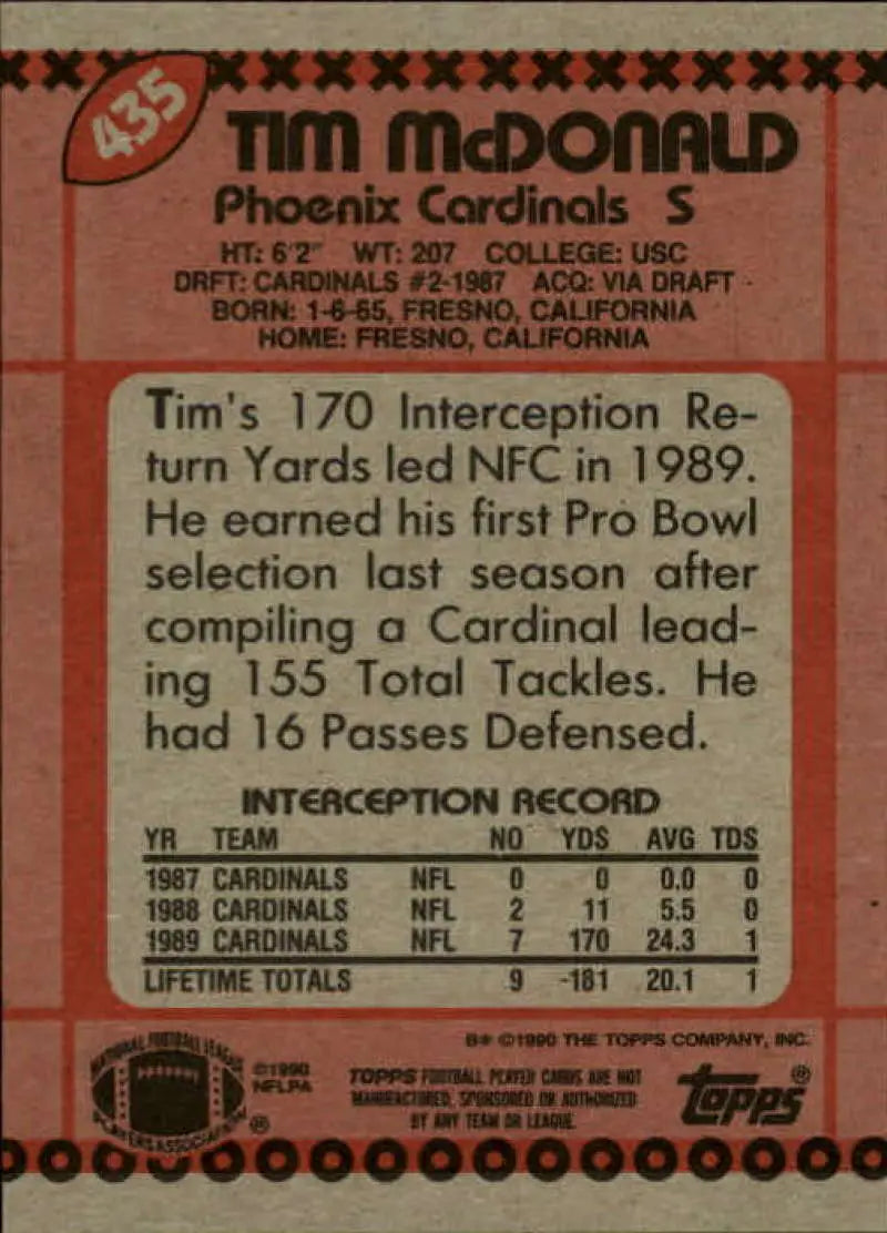 1990 Topps #435 Tim McDonald EX Excellent Phoenix Cardinals Football Card - Football Card Single