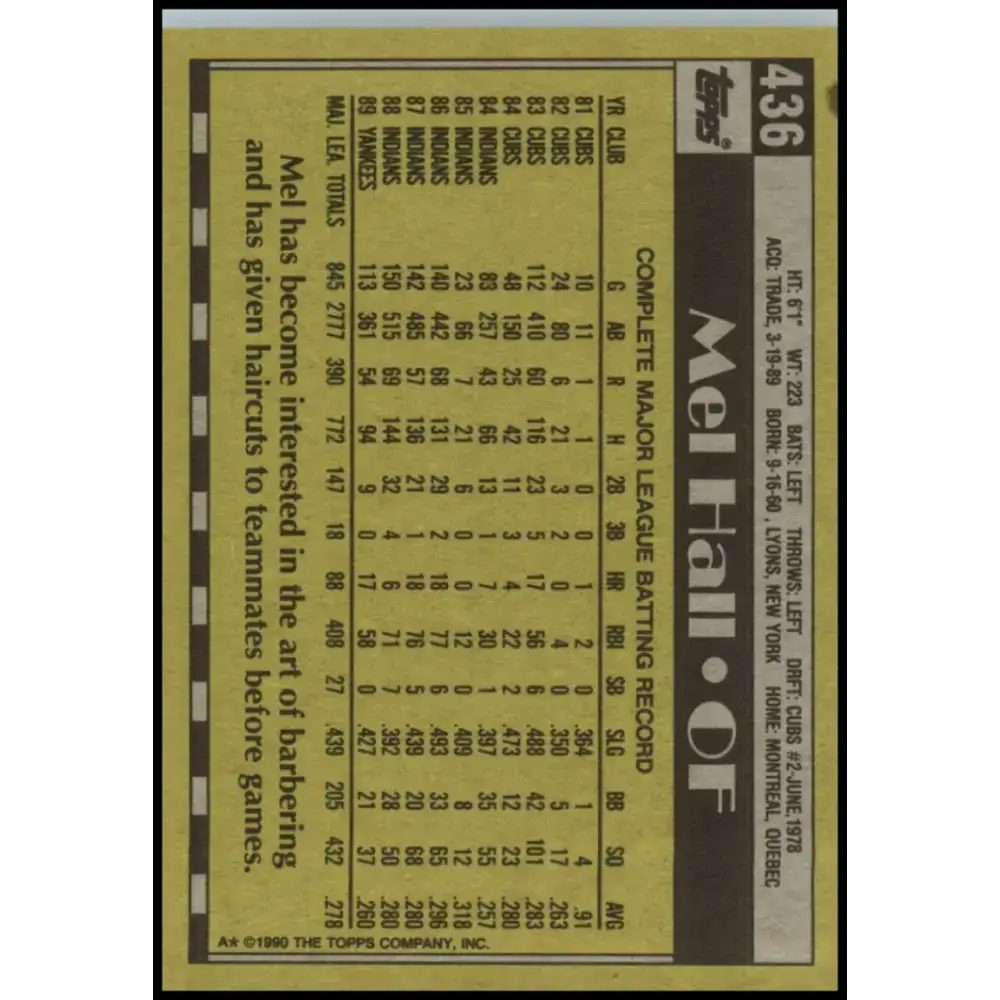 1990 Topps #436 Mel Hall NM-MT New York Yankees Baseball Card - Baseball Card Single