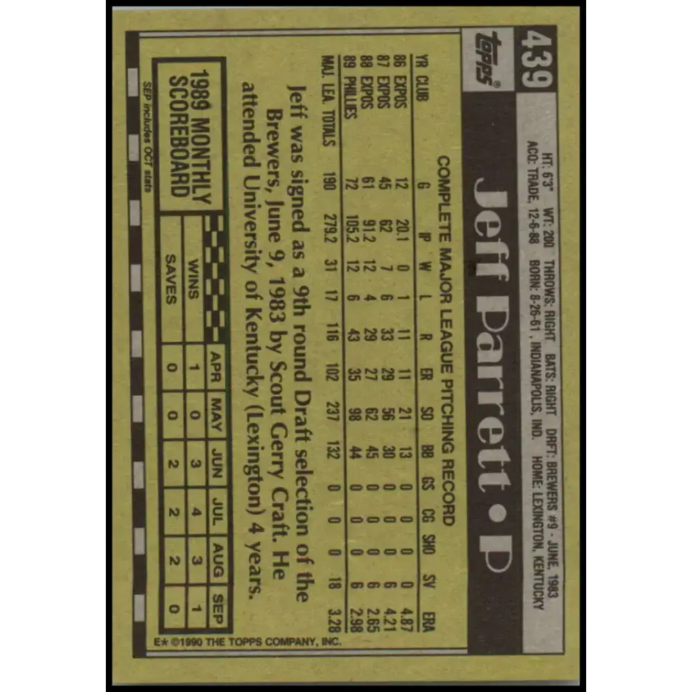 1990 Topps #439 Jeff Parrett NM-MT Philadelphia Phillies Baseball Card - Baseball Card Single