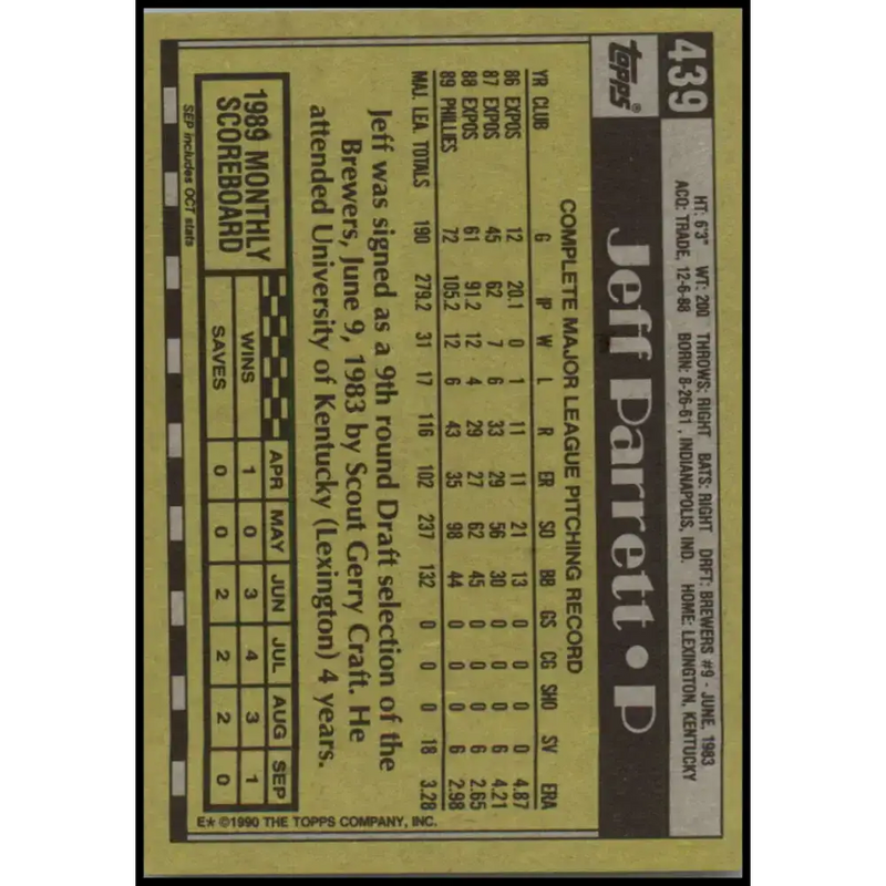 1990 Topps #439 Jeff Parrett NM-MT Philadelphia Phillies Baseball Card - Baseball Card Single