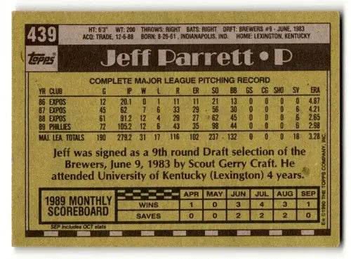 Jeff Parrett baseball card from 1990 Topps featuring original gloss and Philadelphia Phillies