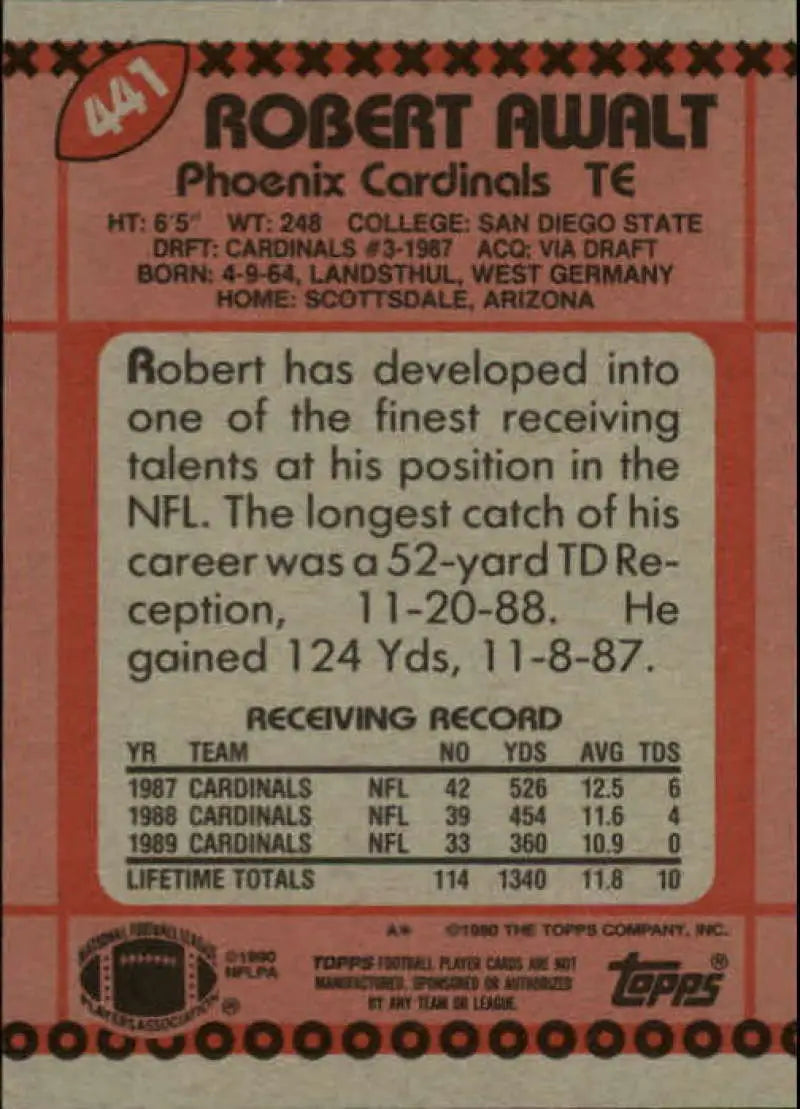 1990 Topps #441 Robert Awalt EX Excellent Phoenix Cardinals Football Card - Football Card Single
