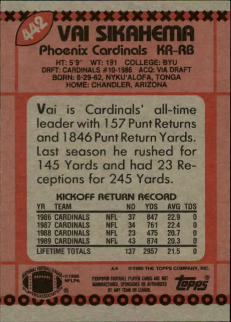1990 Topps #442 Vai Sikahema EX Excellent Phoenix Cardinals Football Card - Football Card Single
