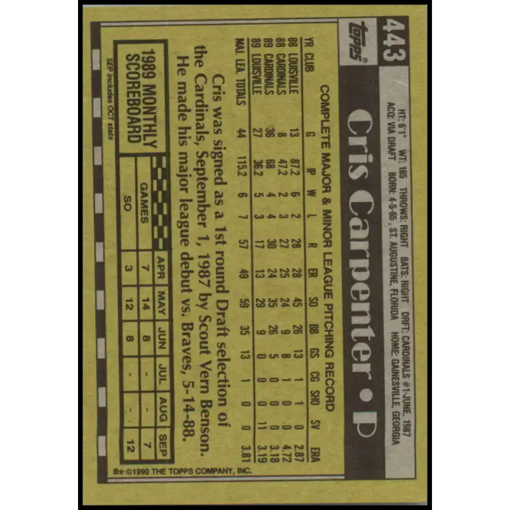 1990 Topps #443 Cris Carpenter NM-MT St. Louis Cardinals Baseball Card - Baseball Card Single