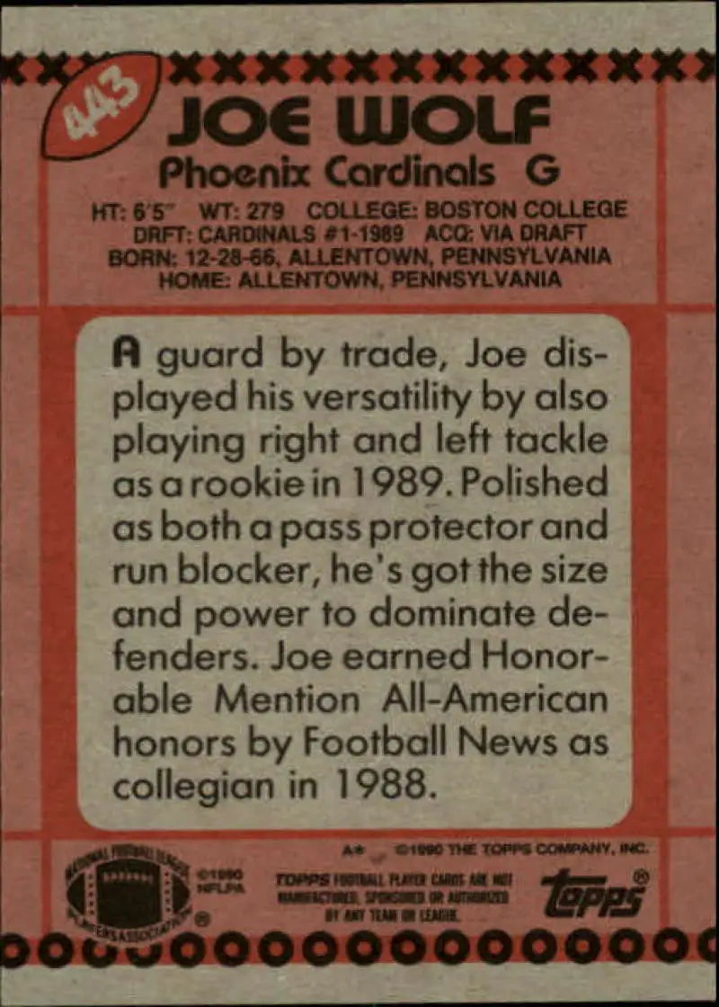 1990 Topps #443 Joe Wolf EX Excellent Phoenix Cardinals Football Card - Football Card Single