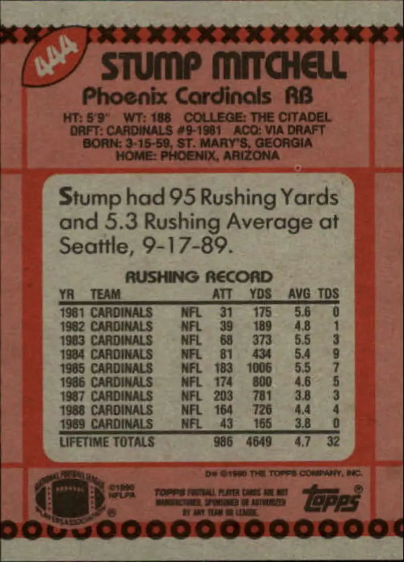 1990 Topps #444 Stump Mitchell EX Excellent Phoenix Cardinals Football Card - Football Card Single