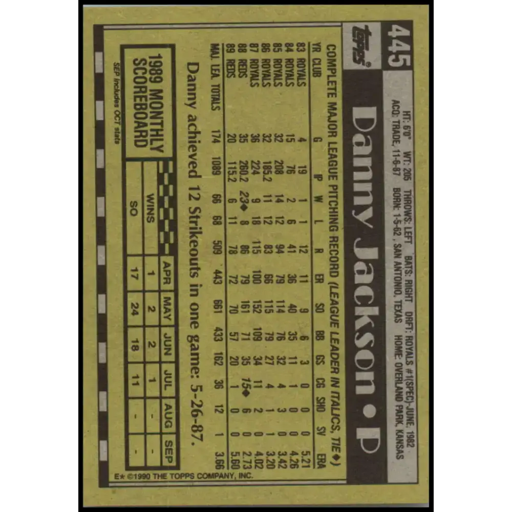 1990 Topps #445 Danny Jackson NM-MT Cincinnati Reds Baseball Card - Baseball Card Single