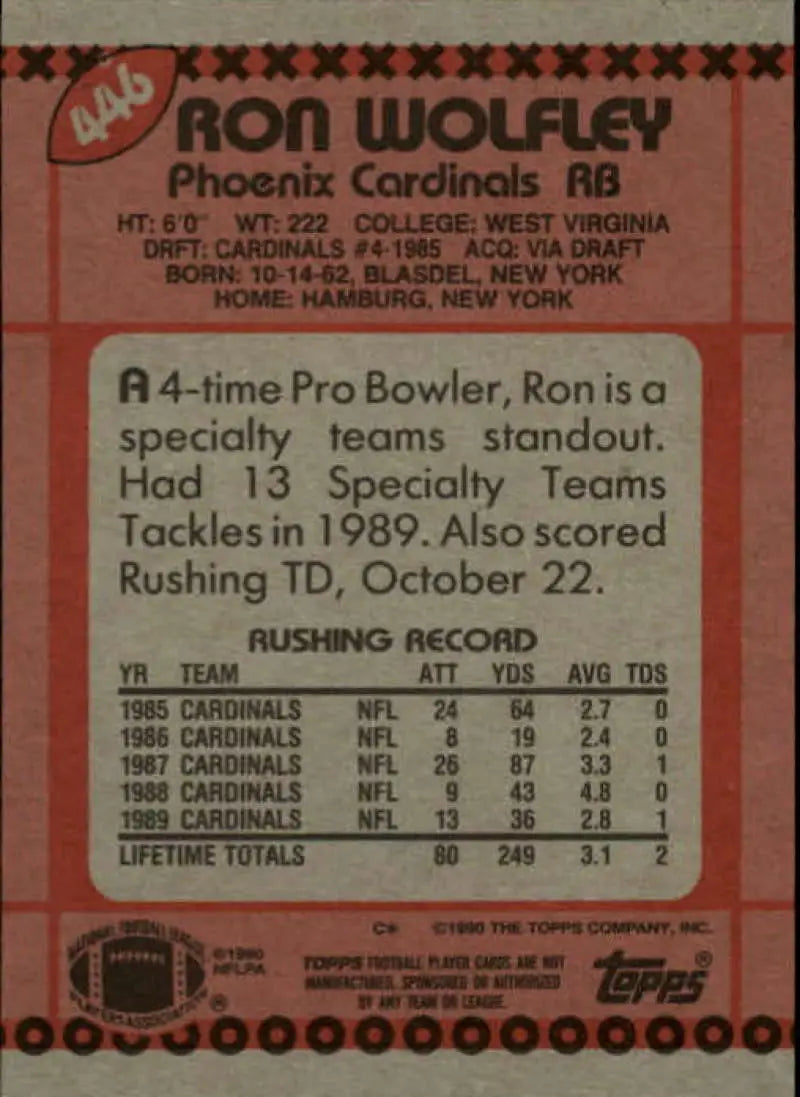 1990 Topps #446 Ron Wolfley EX Excellent Phoenix Cardinals Football Card - Football Card Single