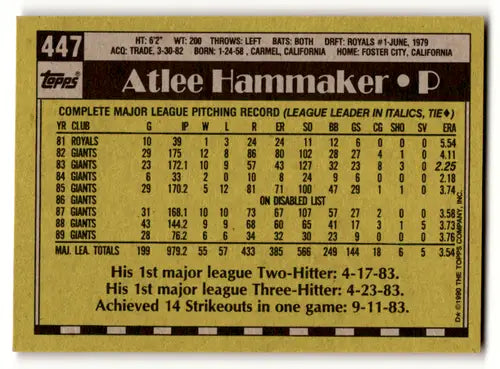 Original gloss Atlee Hammaker baseball card from 1990 Topps #447 featuring Giants player