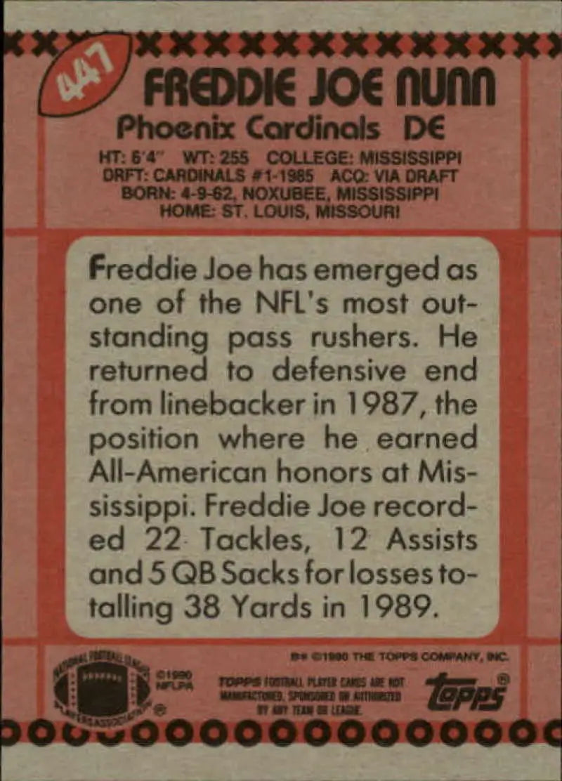 1990 Topps #447 Freddie Joe Nunn EX Excellent Phoenix Cardinals Football Card - Football Card Single