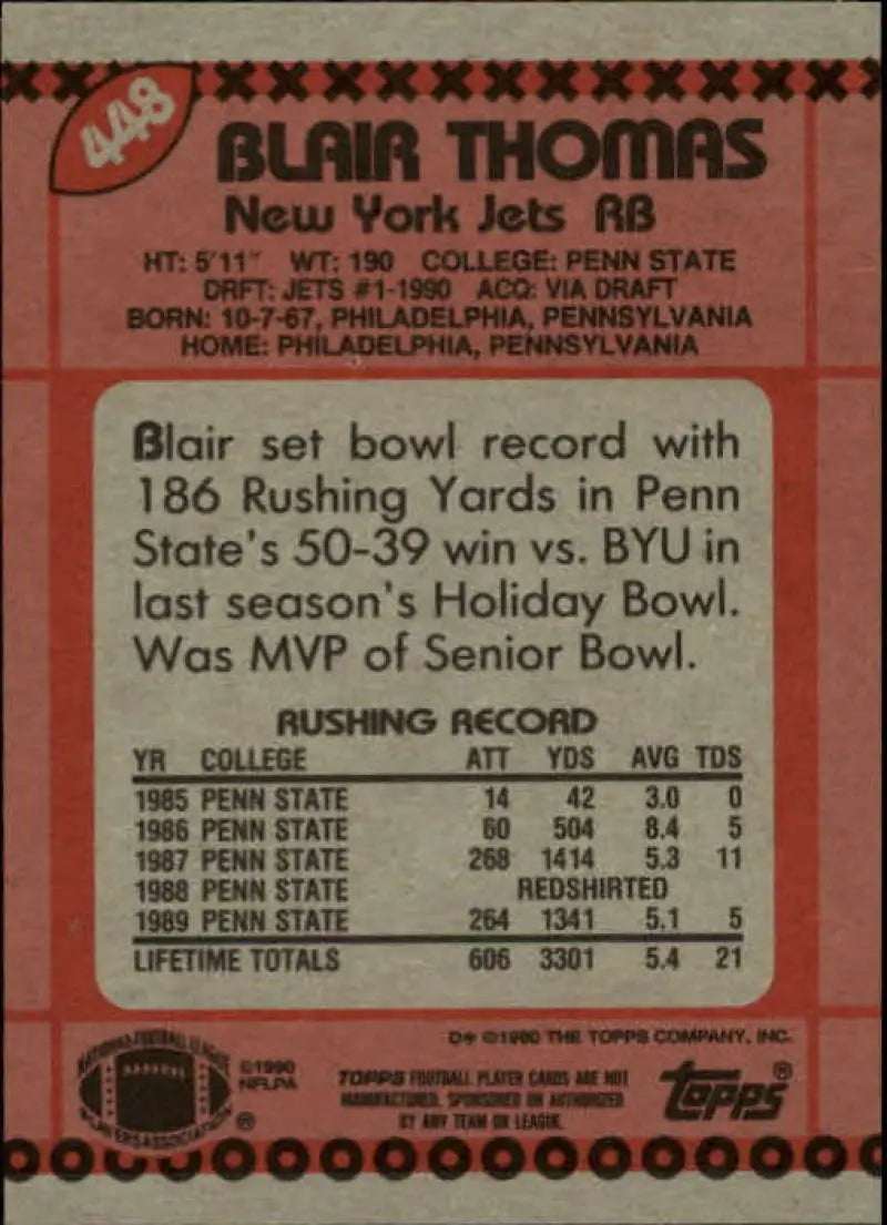 1990 Topps #448 Blair Thomas EX Excellent RC Rookie New York Jets Football Card - Football Card Single