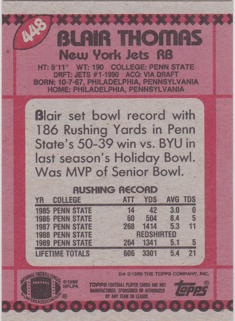 1990 Topps #448 Blair Thomas New York Jets - Football Card Single