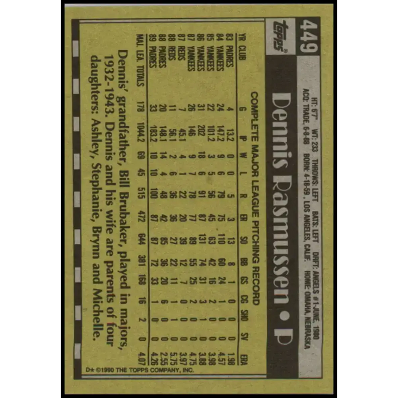 1990 Topps #449 Dennis Rasmussen NM-MT San Diego Padres Baseball Card - Baseball Card Single