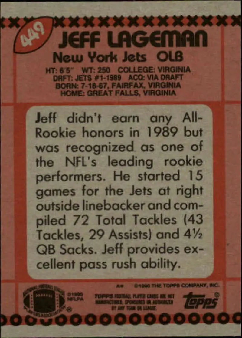 1990 Topps #449 Jeff Lageman EX Excellent New York Jets Football Card - Football Card Single