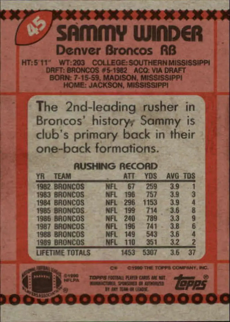 1990 Topps #45 Sammy Winder EX Excellent Denver Broncos Football Card - Football Card Single