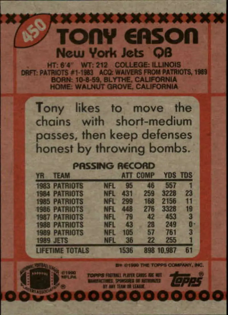 1990 Topps #450 Tony Eason EX Excellent New York Jets Football Card - Football Card Single