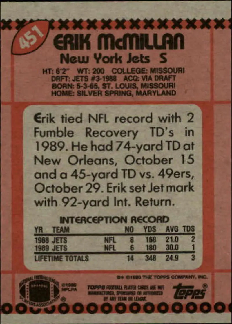 1990 Topps #451 Erik McMillan EX Excellent New York Jets Football Card - Football Card Single