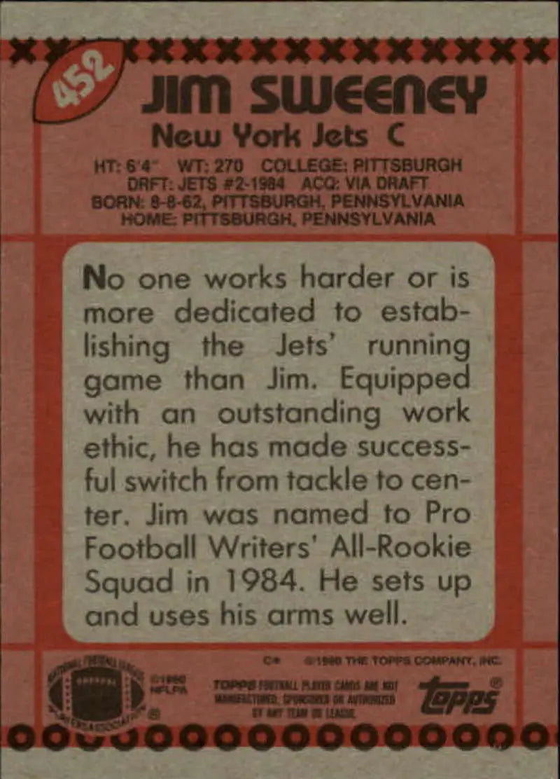1990 Topps #452 Jim Sweeney EX Excellent New York Jets Football Card - Football Card Single