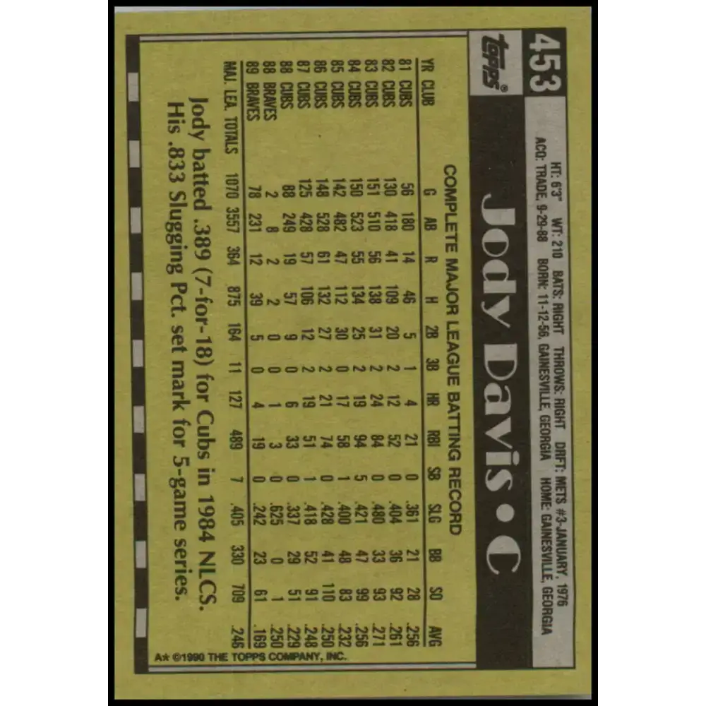 1990 Topps #453 Jody Davis NM-MT Atlanta Braves Baseball Card - Baseball Card Single