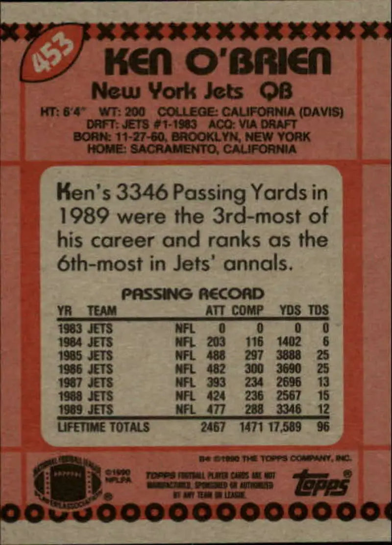 1990 Topps #453 Ken O’Brien EX Excellent New York Jets Football Card - Football Card Single