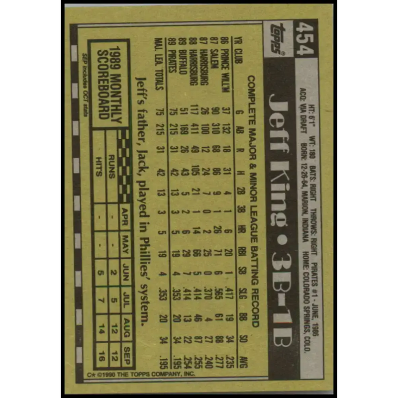 1990 Topps #454 Jeff King NM-MT Pittsburgh Pirates Baseball Card - Baseball Card Single