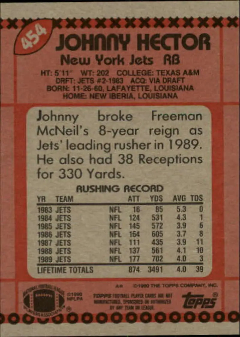 1990 Topps #454 Johnny Hector EX Excellent New York Jets Football Card - Football Card Single