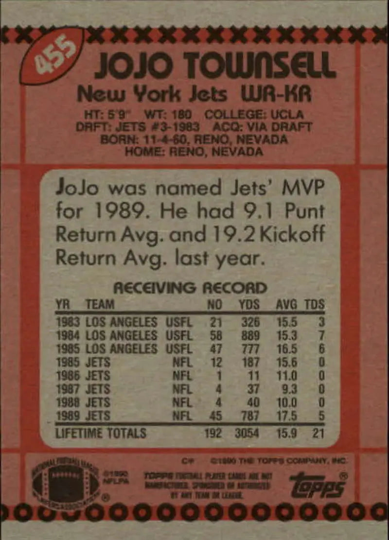 1990 Topps #455 Jo Jo Townsell EX Excellent New York Jets Football Card - Football Card Single