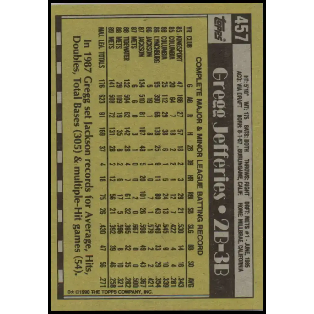 1990 Topps #457 Gregg Jefferies NM-MT New York Mets Baseball Card - Baseball Card Single