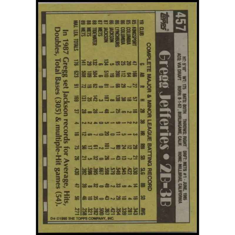 1990 Topps #457 Gregg Jefferies NM-MT New York Mets Baseball Card - Baseball Card Single