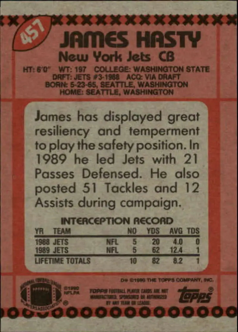 1990 Topps #457 James Hasty EX Excellent New York Jets Football Card - Football Card Single