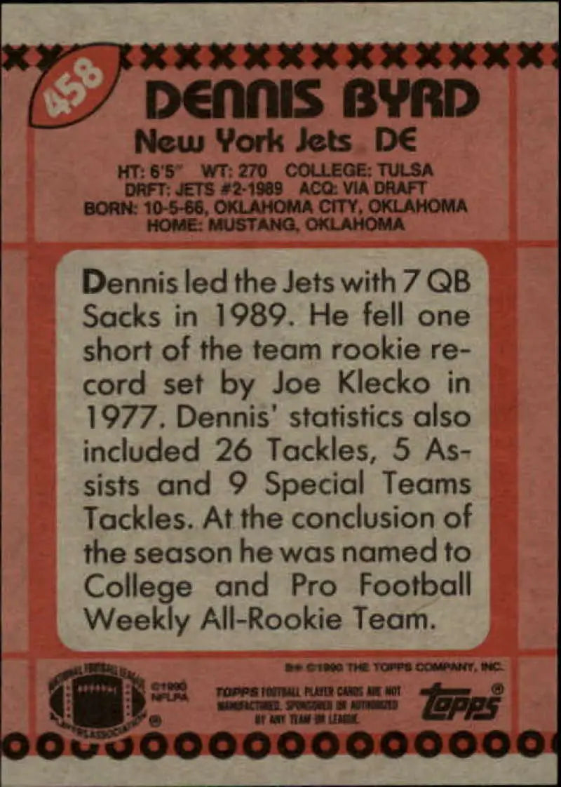 1990 Topps #458 Dennis Byrd EX Excellent RC Rookie New York Jets Football Card - Football Card Single