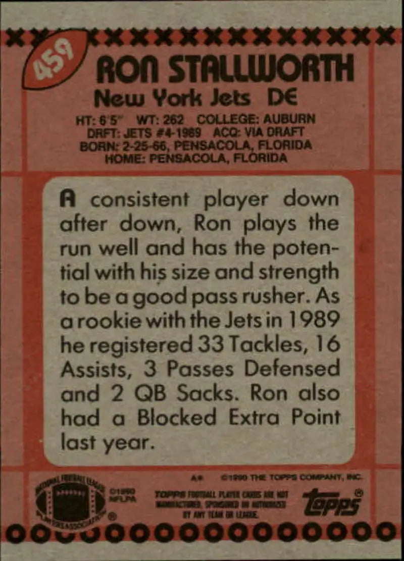 1990 Topps #459 Ron Stallworth EX Excellent New York Jets Football Card - Football Card Single