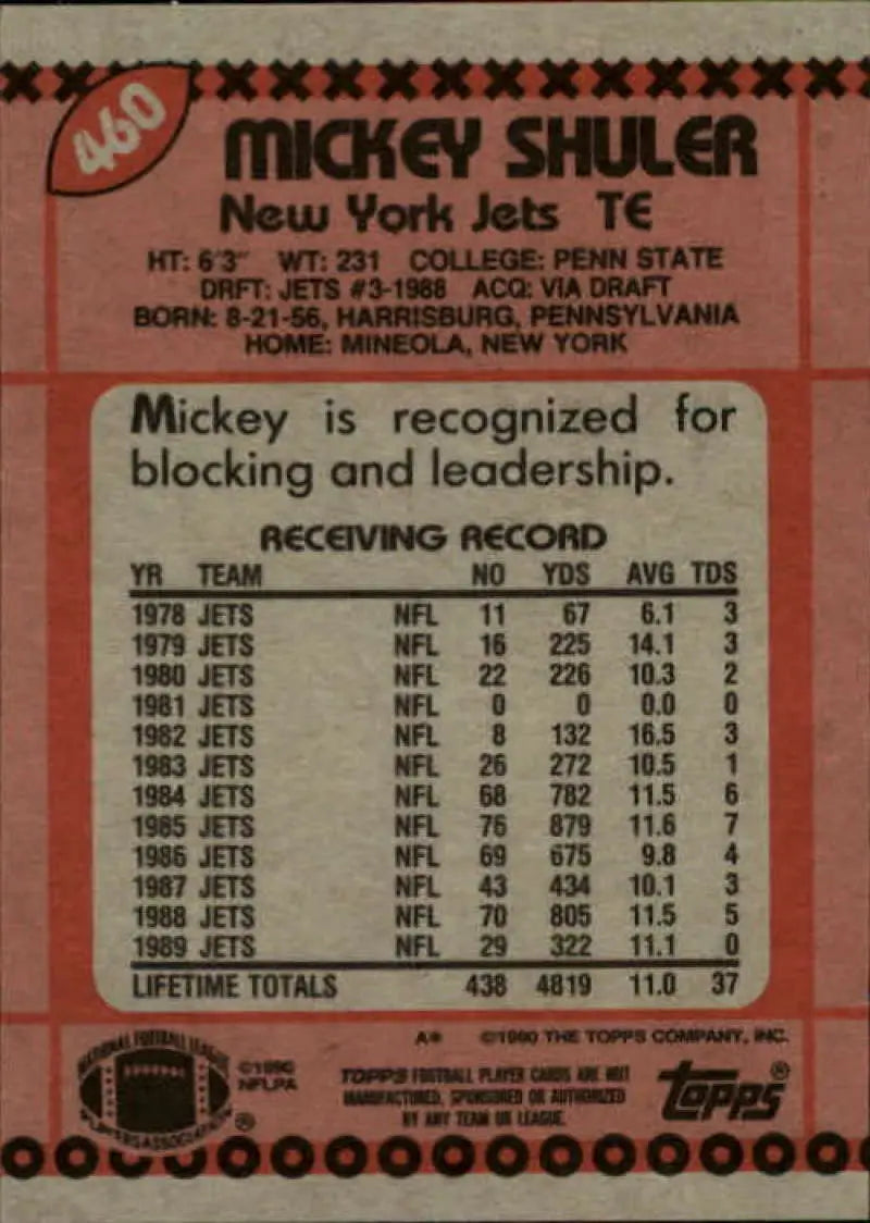 1990 Topps #460 Mickey Shuler EX Excellent New York Jets Football Card - Football Card Single