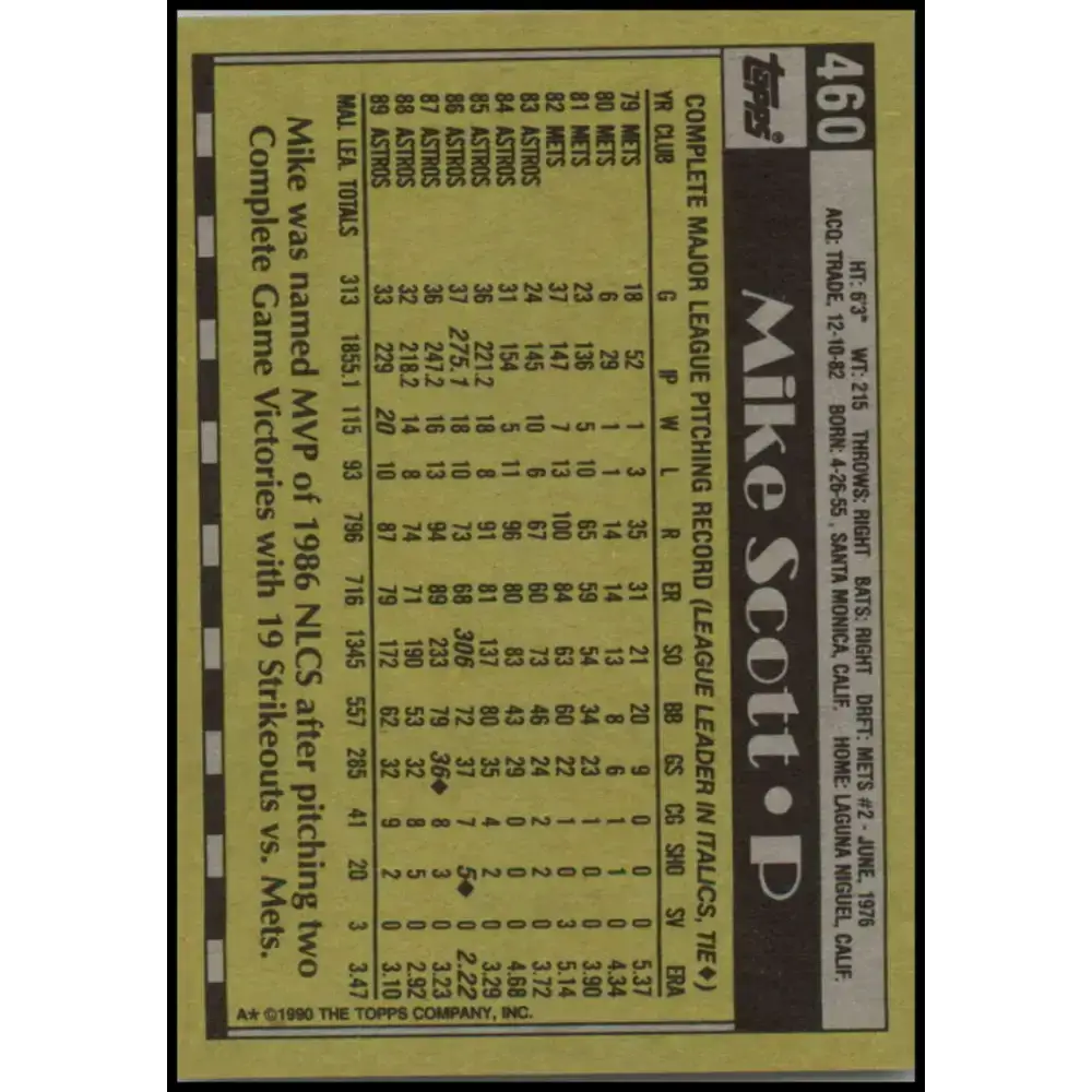 1990 Topps #460 Mike Scott NM-MT Houston Astros Baseball Card - Baseball Card Single