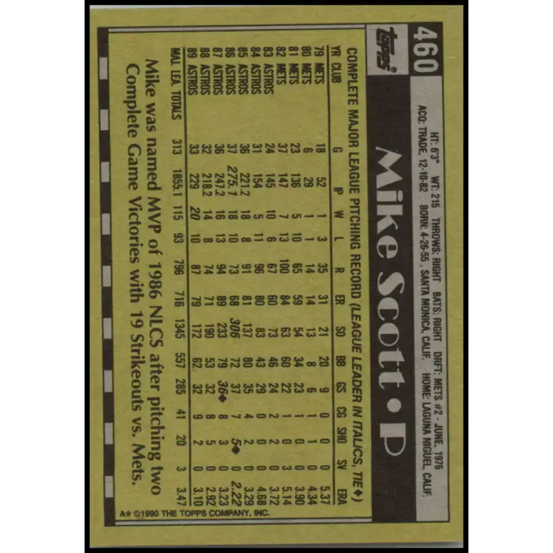 1990 Topps #460 Mike Scott NM-MT Houston Astros Baseball Card - Baseball Card Single