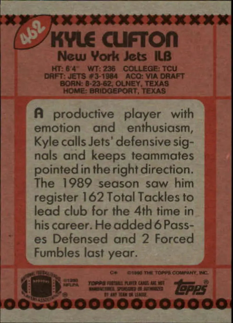 1990 Topps #462 Kyle Clifton EX Excellent New York Jets Football Card - Football Card Single