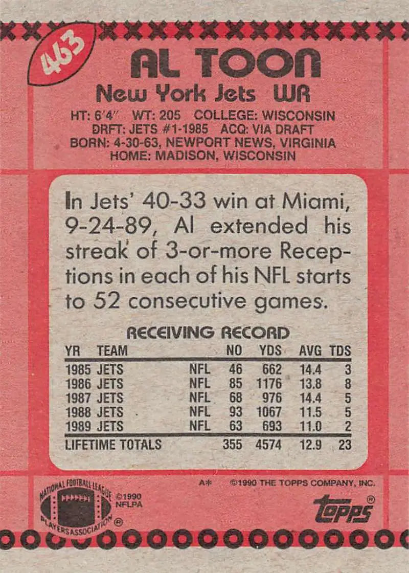 1990 Topps #463 Al Toon EX Excellent New York Jets Football Card