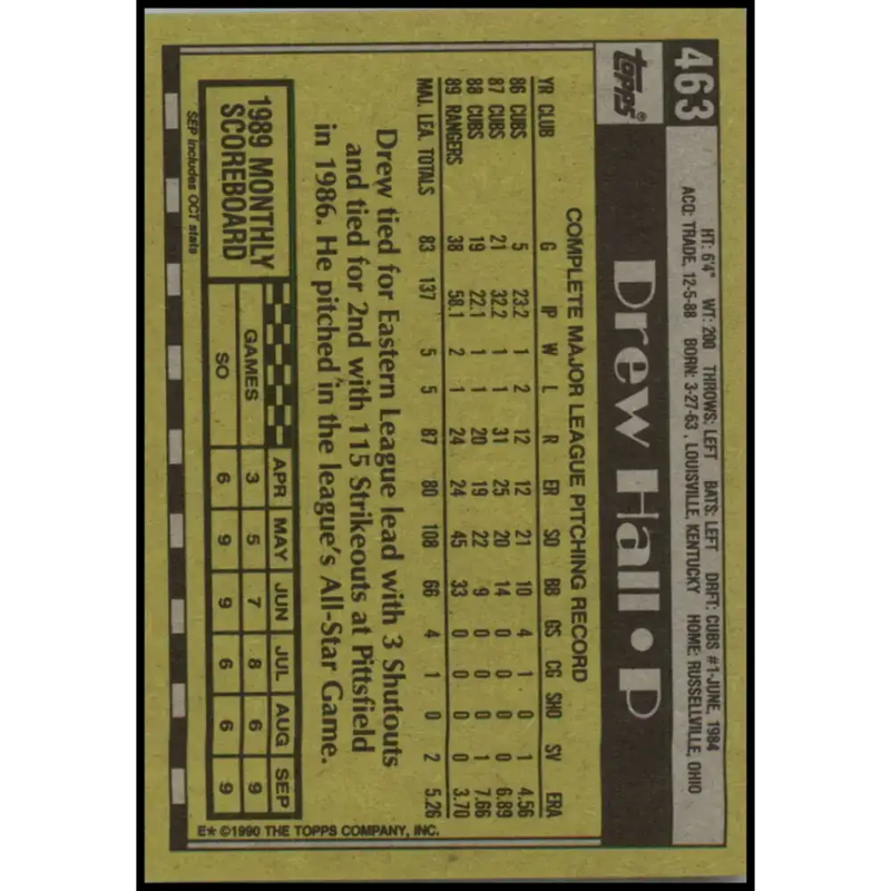 1990 Topps #463 Drew Hall NM-MT Texas Rangers Baseball Card - Baseball Card Single