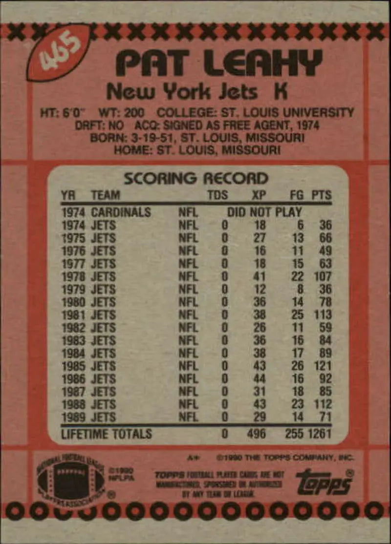 1990 Topps #465 Pat Leahy EX Excellent New York Jets Football Card - Football Card Single