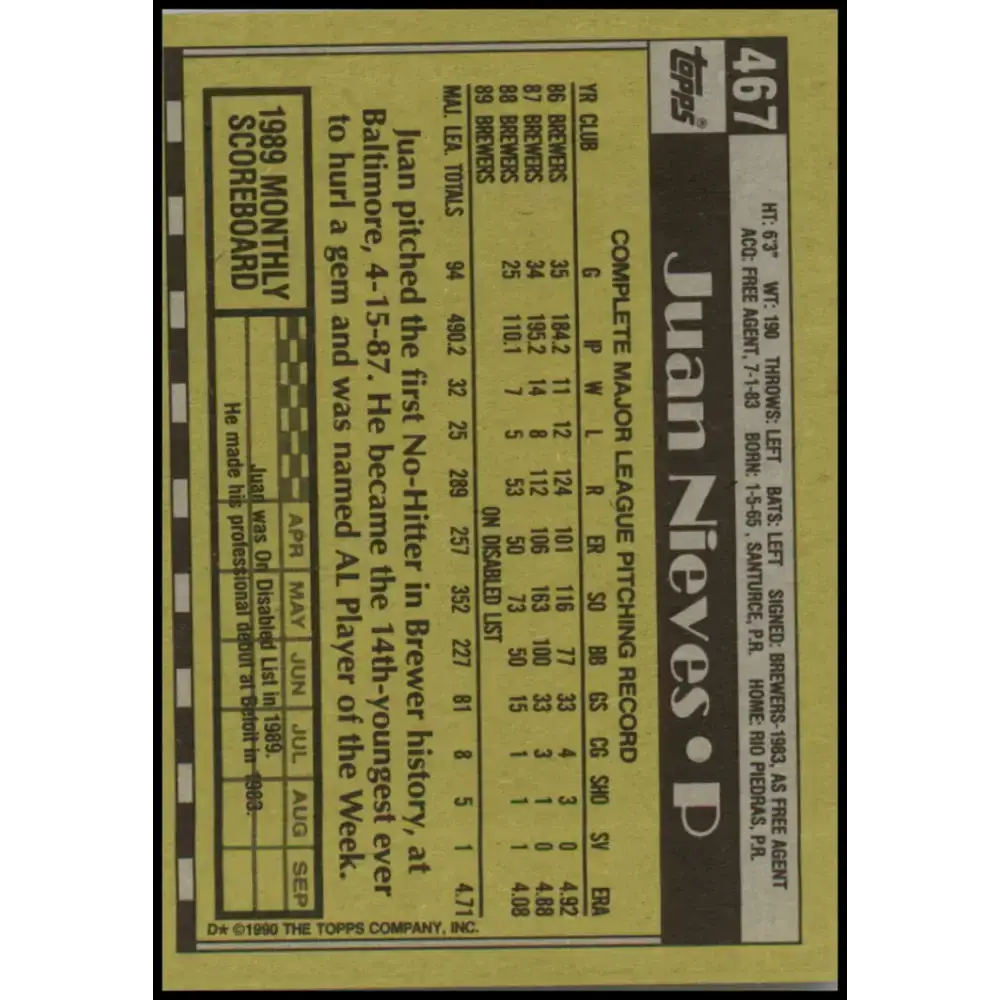 1990 Topps #467 Juan Nieves NM-MT Milwaukee Brewers Baseball Card - Baseball Card Single