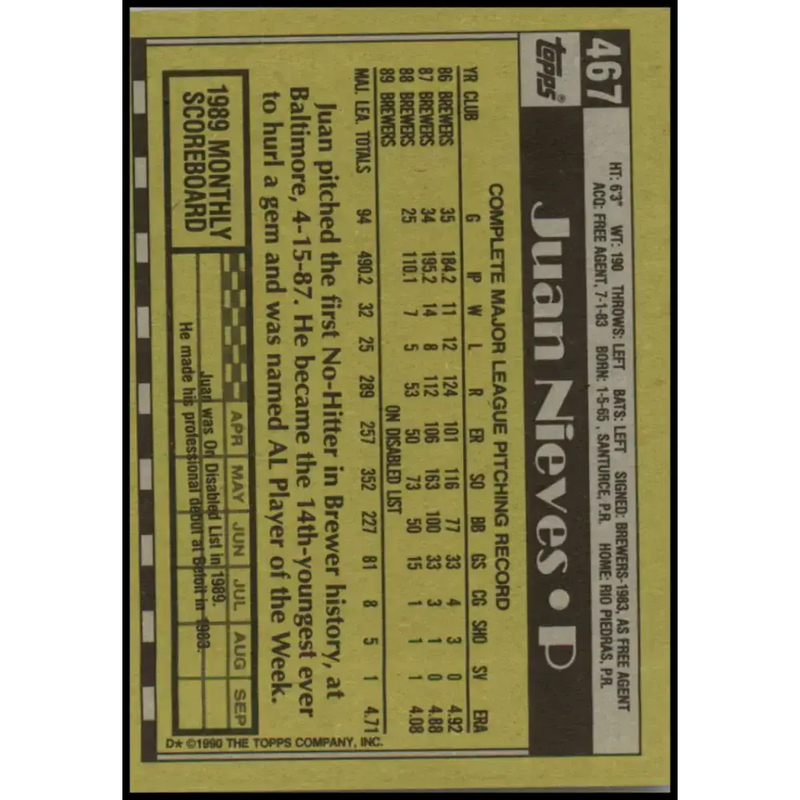 1990 Topps #467 Juan Nieves NM-MT Milwaukee Brewers Baseball Card - Baseball Card Single