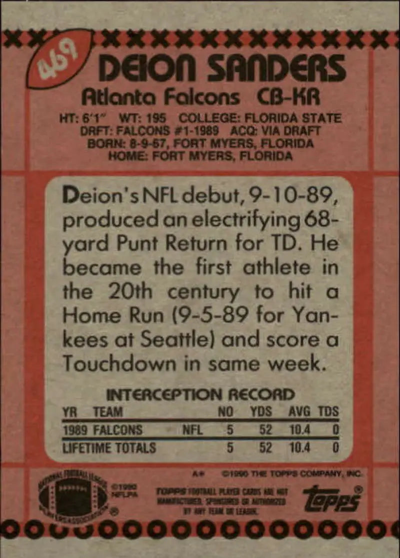 1990 Topps #469 Deion Sanders EX Excellent RC Rookie Atlanta Falcons Football Card - Football Card Single