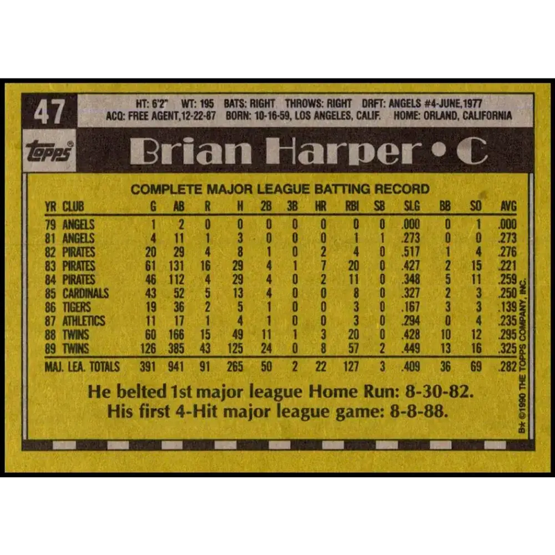 1990 Topps #47 Brian Harper NM-MT Minnesota Twins Baseball Card - Baseball Card Single