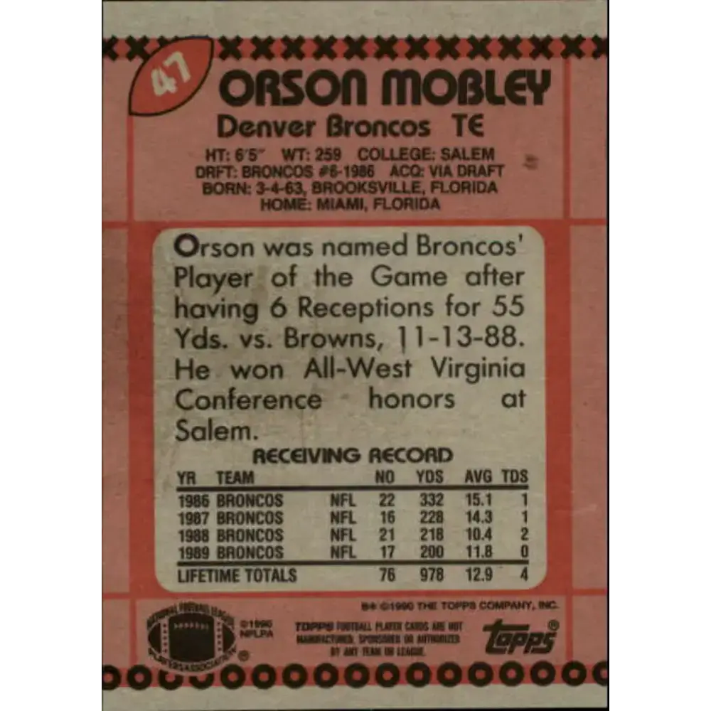 1990 Topps #47 Orson Mobley EX Excellent RC Rookie Denver Broncos Football Card - Football Card Single